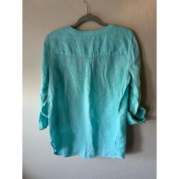 Talbots Linen Split Neck Roll-up Sleeves Linen Top in light Blue Size M - Picture 7 of 8
